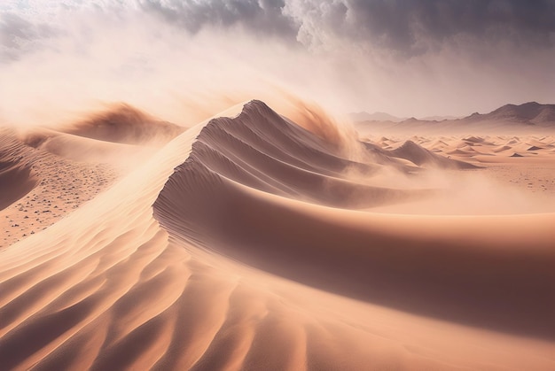 Paysage de sable du désert Vue imaginaire scénique atmosphérique Nuages et tempête de sable AI générative