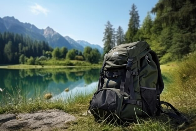 Paysage avec sac à dos de sentier sur la forêt du lac de roche et les montagnes en arrière-plan AI générative