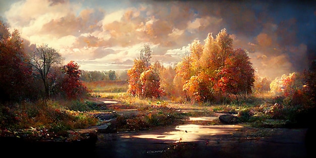 Paysage de la saison d'automne. Illustration numérique. Peinture. Beau paysage d'automne.