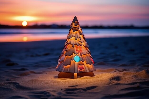 Paysage avec sapin de Noël en bois sur la plage Generative AI