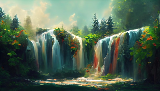 Paysage sauvage avec ruisseaux, cascades et montagnes Flux à travers la forêt Illustration numérique