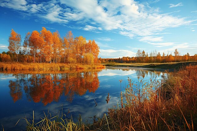 Paysage sauvage rural avec lac en automne