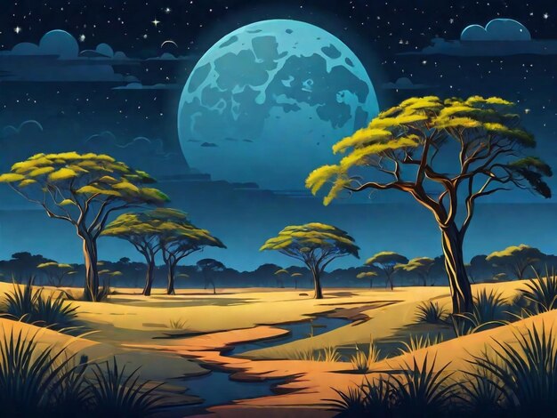 paysage de savane avec des acacias la nuit