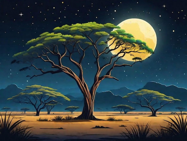 paysage de savane avec des acacias la nuit