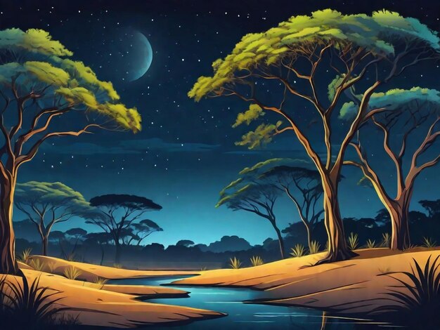 paysage de savane avec des acacias la nuit