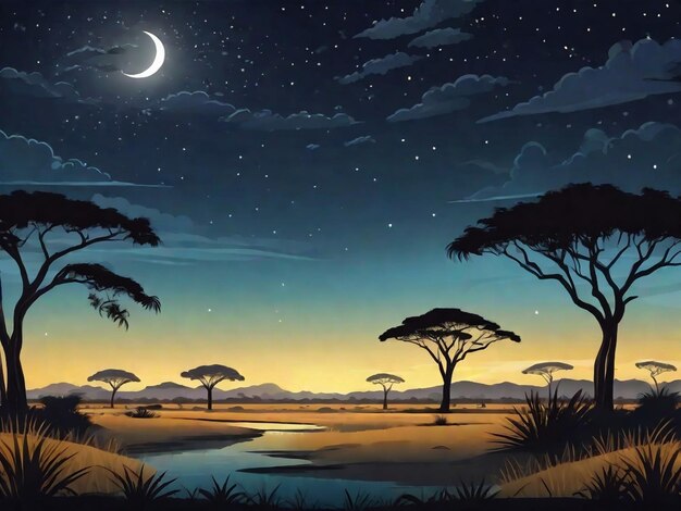 paysage de savane avec des acacias la nuit