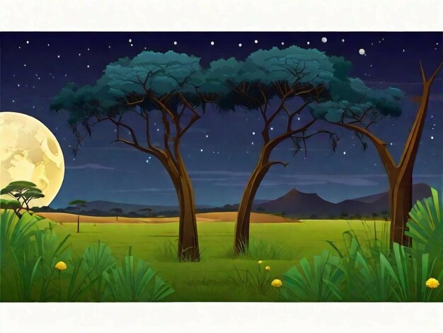 Paysage de savane avec des acacias la nuit