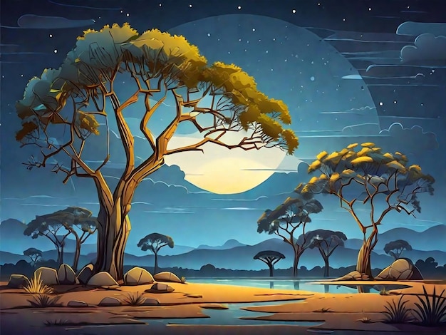 Paysage de savane avec des acacias la nuit