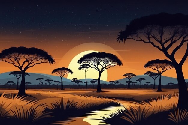 Photo paysage de savane vectoriel avec des acacias la nuit