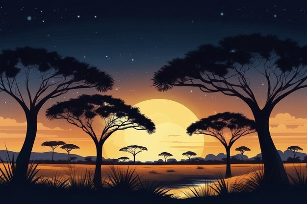 Photo paysage de savane vectoriel avec des acacias la nuit