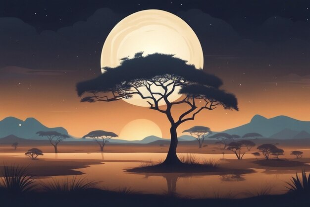 Paysage de savane vectoriel avec des acacias la nuit