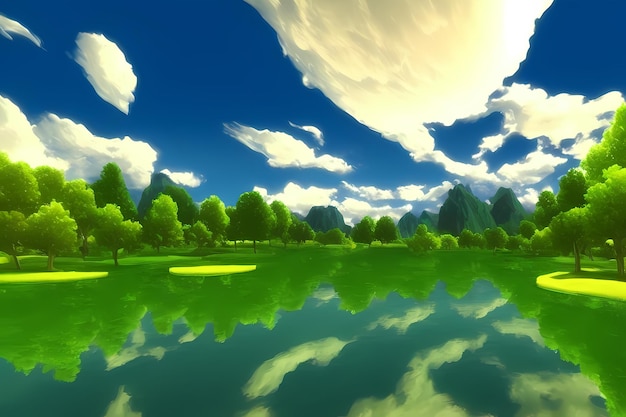 Paysage scène illustration peinture numérique avec verdure montagnes collines prairies ciel bleu