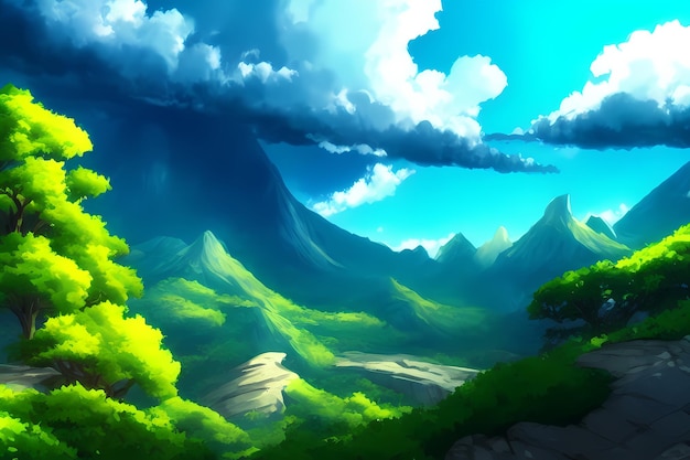 Paysage scène illustration peinture numérique avec verdure montagnes collines prairies ciel bleu
