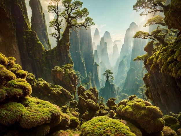 Un paysage avec une scène de montagne et un arbre avec le mot montagne dessus