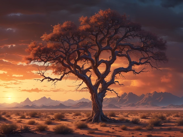 Paysage de scène naturelle sereine avec arbre solitaire sur plaine herbeuse avec nuages et horizon montagneux en arrière-plan