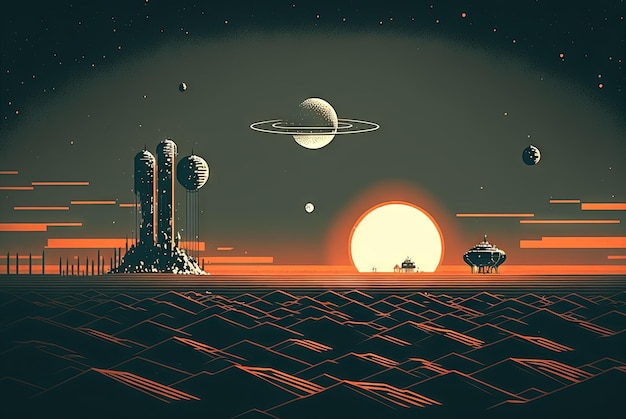 Paysage sci-fi de style rétro avec des montagnes Illustration de science-fiction futuriste rétro dans le style de dessin avec un soleil extraterrestre Généré par l'IA