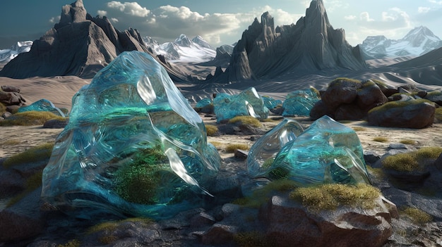 Paysage de science-fiction avec des montagnes de verre Planète extraterrestre avec des roches de verre fondu AI généré