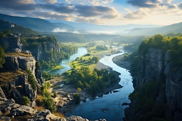 Photo paysage de serbie avec des rivières et des montagnes brouillard sur la forêt art génératif d'ia belle vue