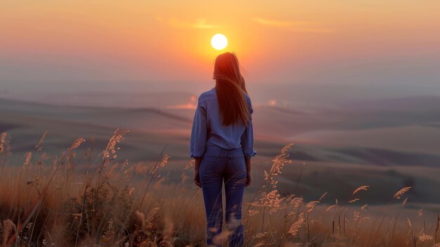 Le paysage serein du coucher de soleil avec la silhouette d'une femme qui profite de l'heure d'or dans un champ pittoresque