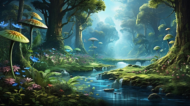 Paysage serein forêt majestueuse avec ruisseau babillonnant et champignons enchanteurs IA générative