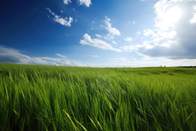 Paysage serein avec de l'herbe verte sous un ciel bleu clair Generative AI