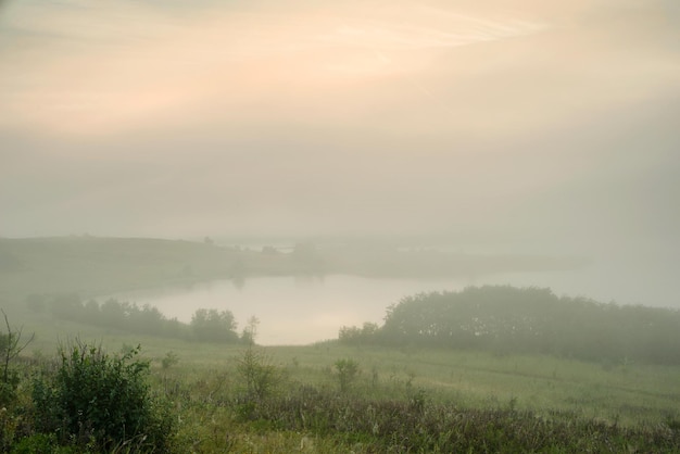 Paysage serein avec un lac dans le brouillard