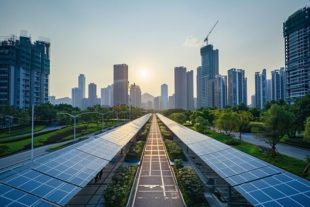 Un paysage serein avec des rangées de panneaux solaires s'étend