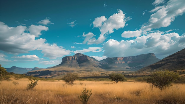 Paysage serein de vastes plaines et de montagnes escarpées sous un ciel dynamique la beauté de la nature capturée parfaite pour les papiers peints et les arrière-plans AI