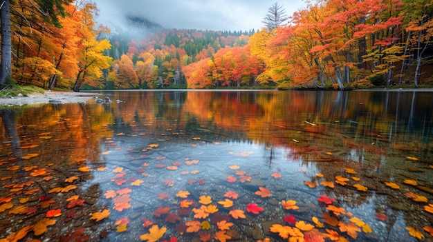 Le paysage serré du lac d'automne avec le reflet du feuillage vibrant et les montagnes brumeuses dans une forêt tranquille