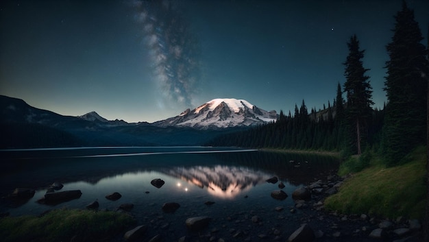 Le paysage sombre, les arbres, la nuit étoilée, les étoiles, la galaxie dans le ciel.