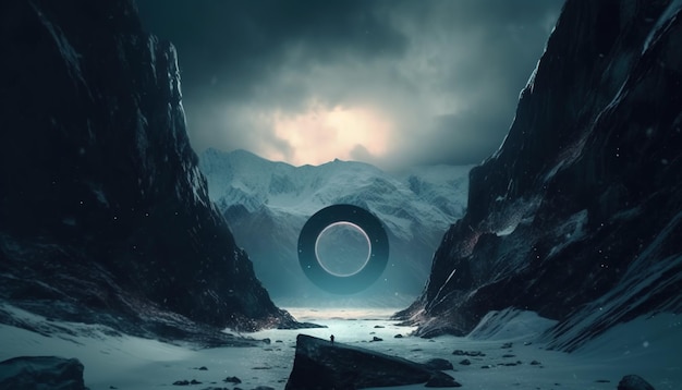 Un paysage sombre avec un grand cercle au milieu de l'image.