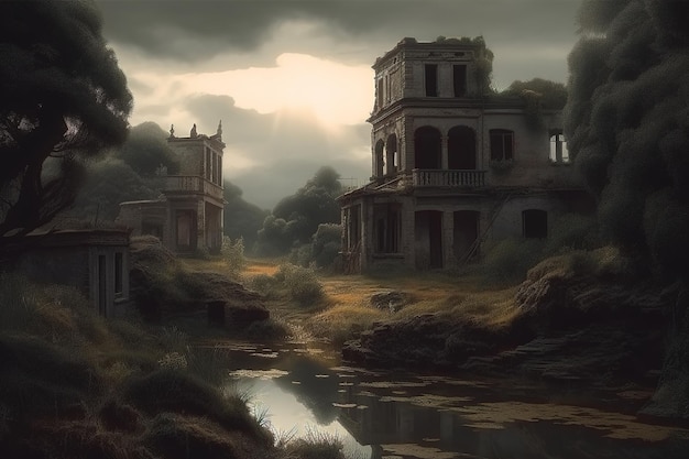 Un paysage sombre et sombre avec un bâtiment en ruine et un étang
