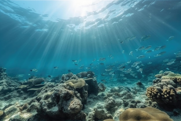 Paysage sous-marin avec bancs de poissons et récifs coralliens créés avec une IA générative