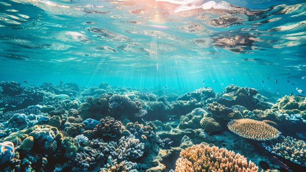 paysage sous-marin lumière du soleil à travers la surface de l'eau avec des récifs coralliens sur le fond de l'océan scène naturelle océan Pacifique Polynésie française