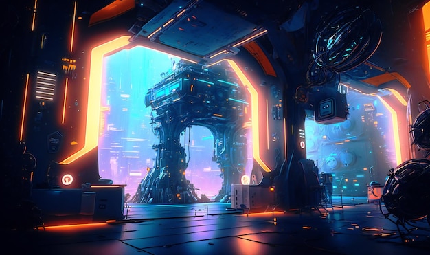 Le paysage spatial cyberpunk est une merveille futuriste avec des structures imposantes éclairées au néon et des véhicules high-tech élégants sur fond étoilé