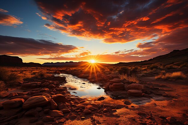 Le paysage spectaculaire d'un coucher de soleil dans le désert