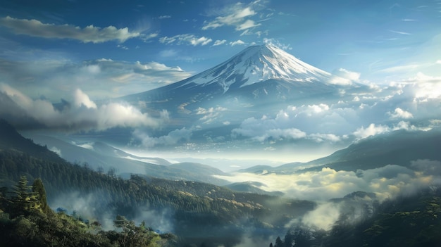 Photo un paysage spectaculaire mettant en vedette le mont fuji enveloppé de brume et de nuages évoquant un sentiment de mystère et d'enchantement