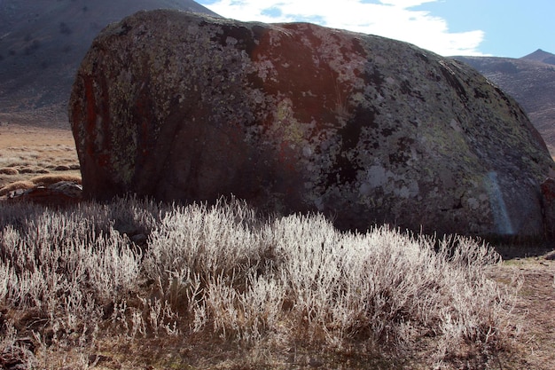 Paysage de steppe et gros rocher Creux volcanique