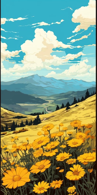 Paysage de style affiche vintage avec des fleurs jaunes et une montagne