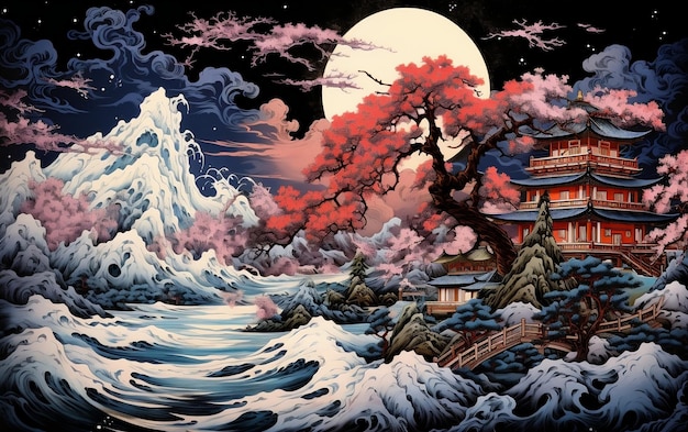 Paysage de style Hokusai japonais dans des couleurs vives IA générative