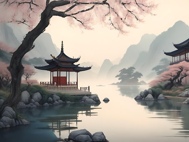 Paysage de style de peinture chinoise image d'illustration de la culture traditionnelle asiatique générée par l'IA