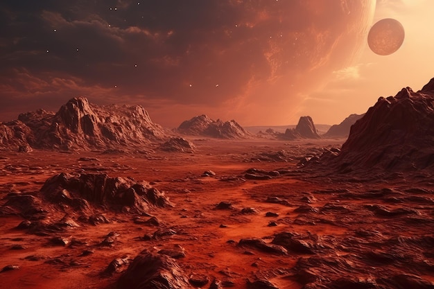 Paysage de la surface inconnue de la planète rouge avec des cratères
