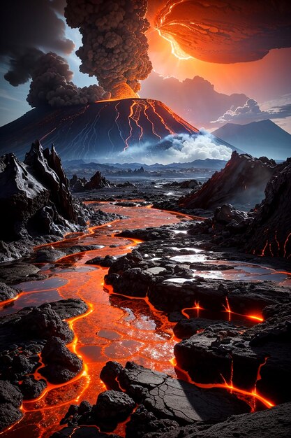 Un paysage surnaturel d'une planète remplie de lave avec des bassins bouillonnants de roche fondue et des tours