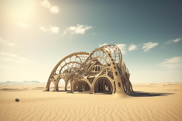 Un paysage surréaliste avec un bâtiment fait de sable et un fond de ciel