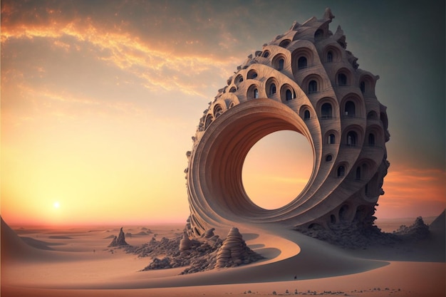 Photo un paysage surréaliste avec un bâtiment en forme de spirale et un coucher de soleil en arrière-plan.