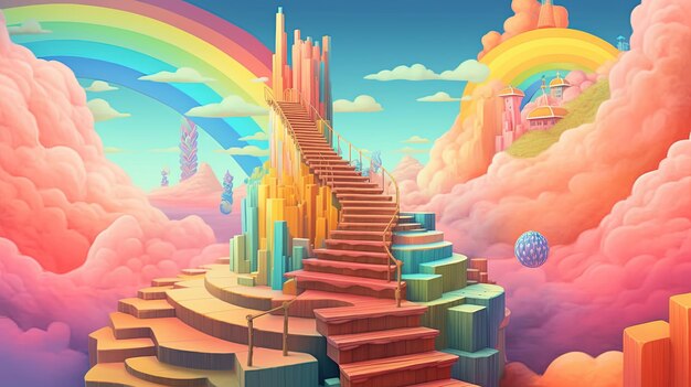 Un paysage surréaliste avec un escalier fait d'arcs-en-ciel Concept fantastique Peinture d'illustration AI générative