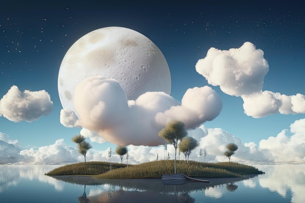 Un paysage surréaliste flottant avec des nuages flottants et une pleine lune