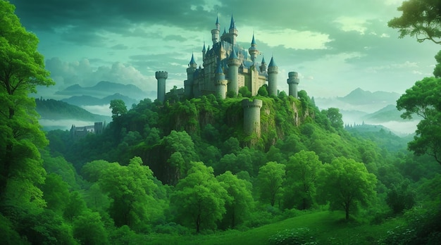 Un paysage surréaliste d'une forêt verdoyante avec un mystérieux château en arrière-plan