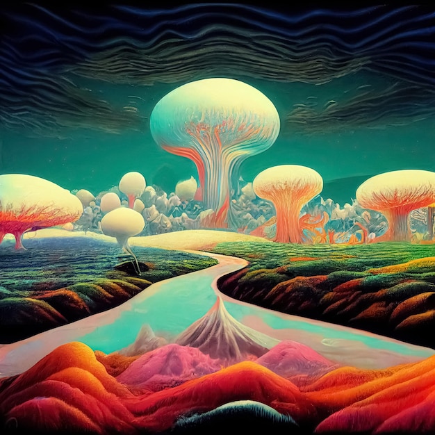 Paysage surréaliste psychédélique Illustration de la perspicacité du voyage spirituel Scène magique fantastique