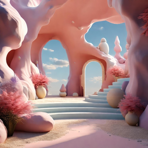 paysage surréaliste avec un rendu 3D rose et bleu